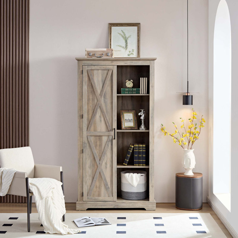 Gracie Oaks Tall Storage Cabinet Barn Door Storage Country Wood Rustic Farmhouse Pantry Cupboard Barn Door Kitchen Organizer Furniture Home Drawer Shelves Gracie